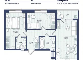 2-комнатная квартира на продажу, 64.4 м2, Астрахань, Советский район, Автомобильная улица, 4