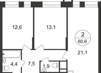 2-комнатная квартира на продажу, 60.6 м2, Москва, 7-я фаза, к2