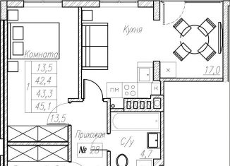 Продам 1-ком. квартиру, 43.3 м2, Калининградская область