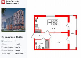 1-ком. квартира на продажу, 38.6 м2, деревня Новосаратовка