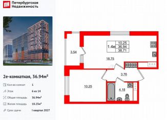 Продаю 1-комнатную квартиру, 36.9 м2, деревня Новосаратовка