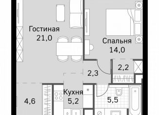 1-комнатная квартира на продажу, 54.8 м2, Москва, метро Беговая