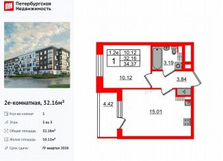 1-комнатная квартира на продажу, 32.2 м2, Санкт-Петербург, муниципальный округ Пулковский Меридиан