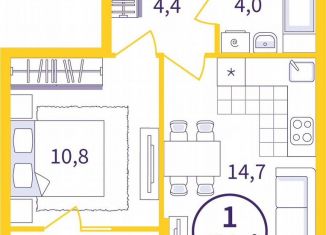 Продажа 1-комнатной квартиры, 37.1 м2, Екатеринбург, Октябрьский район