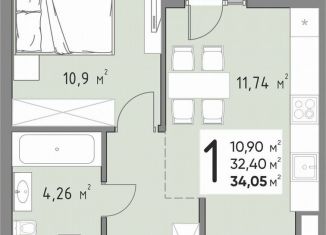 1-комнатная квартира на продажу, 34.1 м2, Краснодар