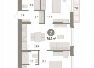 Продажа двухкомнатной квартиры, 59.1 м2, Тюмень, ЖК ДОК, Краснооктябрьская улица, 10