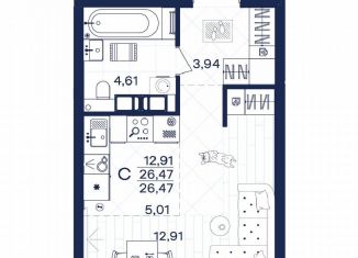 Продаю 1-ком. квартиру, 26.5 м2, Тула