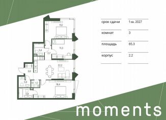 Продам трехкомнатную квартиру, 85.3 м2, Москва, жилой комплекс Моментс, к2.2, станция Стрешнево