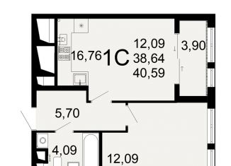 1-комнатная квартира на продажу, 40.6 м2, Рязань