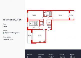 Продажа 3-ком. квартиры, 78.8 м2, Санкт-Петербург, ЖК Солнечный Город. Резиденции