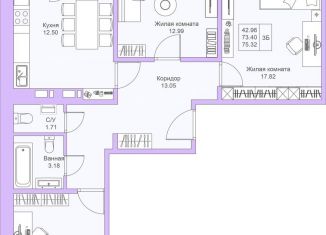 Продается 3-комнатная квартира, 75.3 м2, Казань, ЖК Светлая Долина, улица Александра Курынова, 1/4