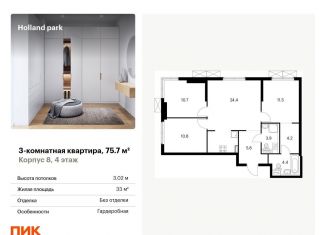 3-комнатная квартира на продажу, 75.7 м2, Москва, метро Тушинская, жилой комплекс Холланд Парк, к8