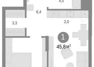 2-комнатная квартира на продажу, 45.8 м2, Новосибирск, улица Никитина, 10к1, ЖК Урбан-виллы на Никитина