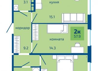 2-комнатная квартира на продажу, 57.9 м2, Пермь, Мотовилихинский район