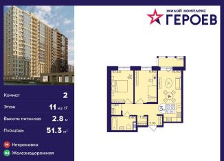 Продается 2-комнатная квартира, 51.3 м2, Балашиха, ЖК Героев