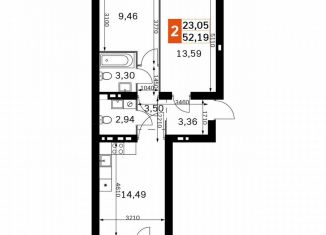 Продается 2-комнатная квартира, 52.2 м2, деревня Митькино