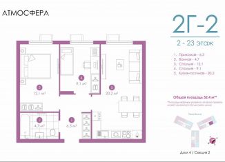 Продам 2-комнатную квартиру, 52.2 м2, Астрахань, улица Бехтерева, 12/4, ЖК Атмосфера