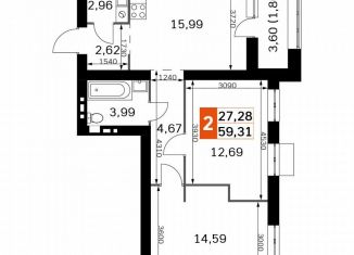 2-ком. квартира на продажу, 59.3 м2, деревня Митькино