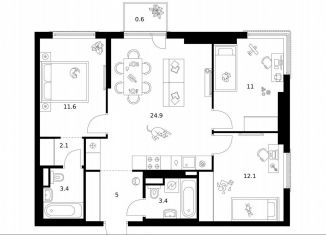 Продается трехкомнатная квартира, 74.1 м2, Москва, район Москворечье-Сабурово, жилой комплекс Москворечье, 1.1