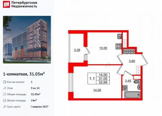 Продам 1-ком. квартиру, 31.1 м2, деревня Новосаратовка