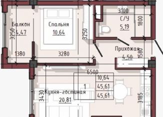 Однокомнатная квартира на продажу, 45.6 м2, Нальчик, проспект Шогенцукова, 37, район Центр