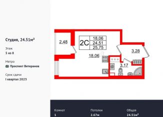 Продается квартира студия, 24.5 м2, Санкт-Петербург, проспект Будённого, 23к1, ЖК Солнечный Город