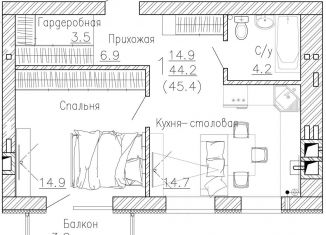 Продаю однокомнатную квартиру, 45.4 м2, село Ямное