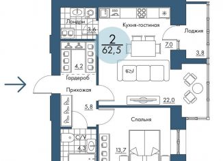 2-комнатная квартира на продажу, 62.5 м2, Красноярский край