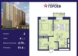Продается двухкомнатная квартира, 31.4 м2, Балашиха, ЖК Героев, микрорайон Центр-2, к407с2