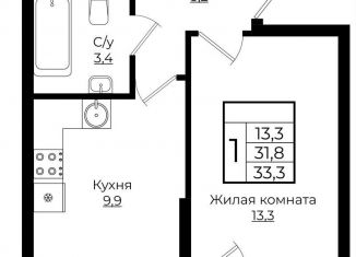 Однокомнатная квартира на продажу, 33.3 м2, Краснодар, ЖК Европа-Сити