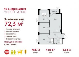 Трехкомнатная квартира на продажу, 72.3 м2, поселение Сосенское