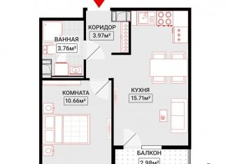 1-комнатная квартира на продажу, 35.6 м2, Кудрово, проспект Строителей, 5к1