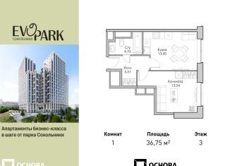 Продается 1-комнатная квартира, 36.8 м2, Москва, ВАО