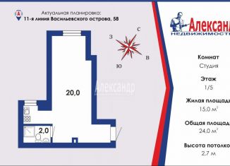 Продается квартира студия, 24 м2, Санкт-Петербург, 11-я линия Васильевского острова, 58, метро Приморская