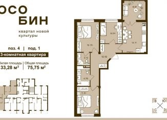Трехкомнатная квартира на продажу, 75.8 м2, Брянская область