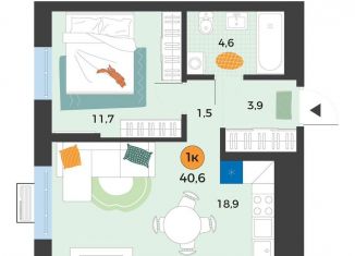 Продажа 1-комнатной квартиры, 40.6 м2, Тюмень, улица Надежды Шалагиной, 4, Восточный округ