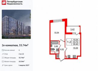 1-ком. квартира на продажу, 33.7 м2, Санкт-Петербург, муниципальный округ Коломяги