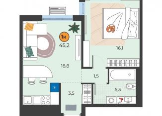 Продам 1-ком. квартиру, 45.2 м2, Тюмень, улица Надежды Шалагиной, 4