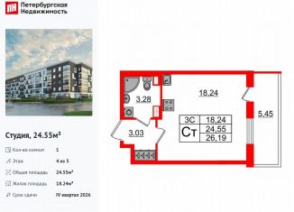 Продается квартира студия, 24.6 м2, Санкт-Петербург, муниципальный округ Пулковский Меридиан