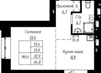 Однокомнатная квартира на продажу, 32.9 м2, Барнаул, улица Чернышевского, Центральный район