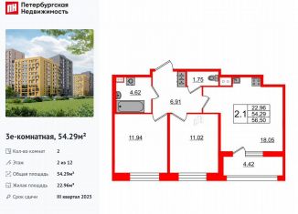 Продаю 2-комнатную квартиру, 54.3 м2, Санкт-Петербург