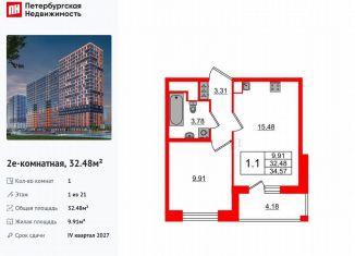 Продается 1-комнатная квартира, 32.5 м2, Ленинградская область