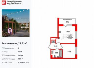 Продаю однокомнатную квартиру, 29.7 м2, посёлок Шушары