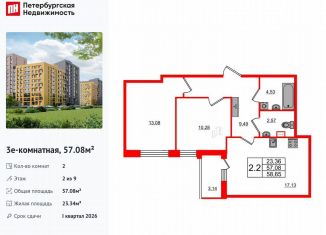 Продаю двухкомнатную квартиру, 57.1 м2, Санкт-Петербург, муниципальный округ Коломяги