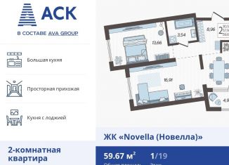 Продаю 2-ком. квартиру, 59.7 м2, Краснодар, ЖК Новелла, Питерская улица, 40