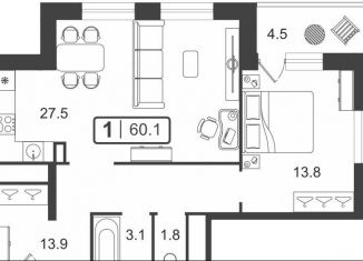 Продам 1-ком. квартиру, 60.1 м2, Тюмень