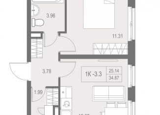 Продается однокомнатная квартира, 34.9 м2, Санкт-Петербург, метро Улица Дыбенко