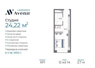 Квартира на продажу студия, 24.2 м2, Санкт-Петербург, Магнитогорская улица, 51литЗ, муниципальный округ Большая Охта