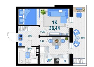 Продам 1-ком. квартиру, 36.4 м2, Яблоновское городское поселение