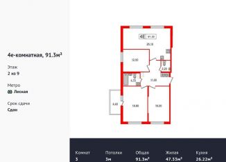 Продажа трехкомнатной квартиры, 91.3 м2, Санкт-Петербург, улица Александра Матросова, 1, ЖК Притяжение